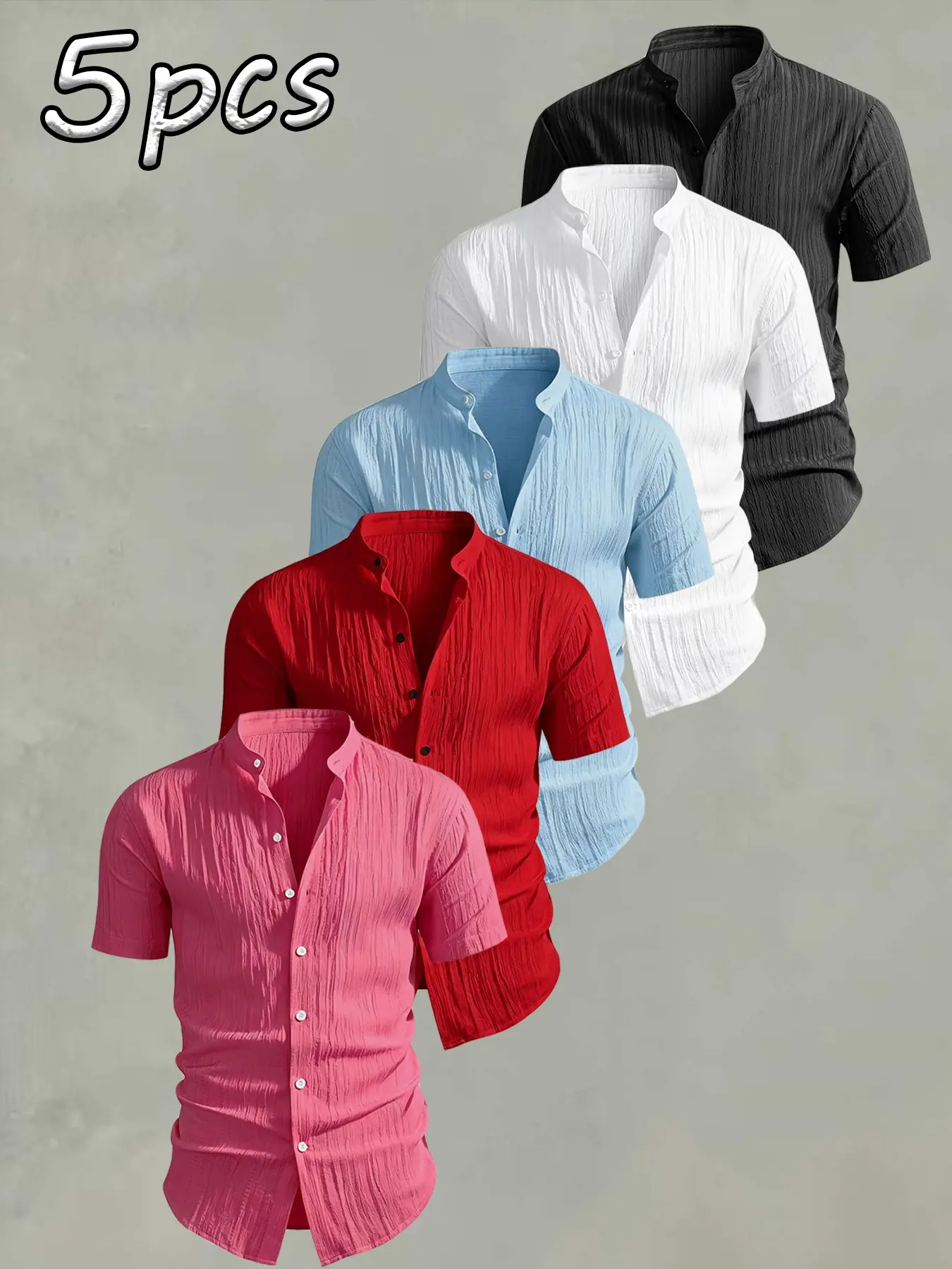 5Pcs Men's Summer Short Sleeve Shirts, Casual Solid Color Stand Collar Button Shirts, Lightweight and Breathable, Ideal for Beach Poolwear