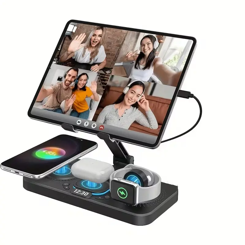 6 in 1 Charging Station for Apple Devices, Fast Foldable Wired Stand, Wireless Charger for Magsafe, Clock & Light, Electronic, iPad/tab Compatible
