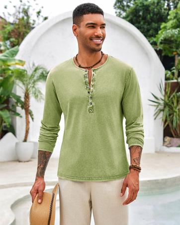 Beotyshow Mens Distressed Henley Shirts Retro Long Sleeve Tee Shirts Casual Button Down Washed T-Shirts for Men Cotton Menswear Father's Day Gift Shirt