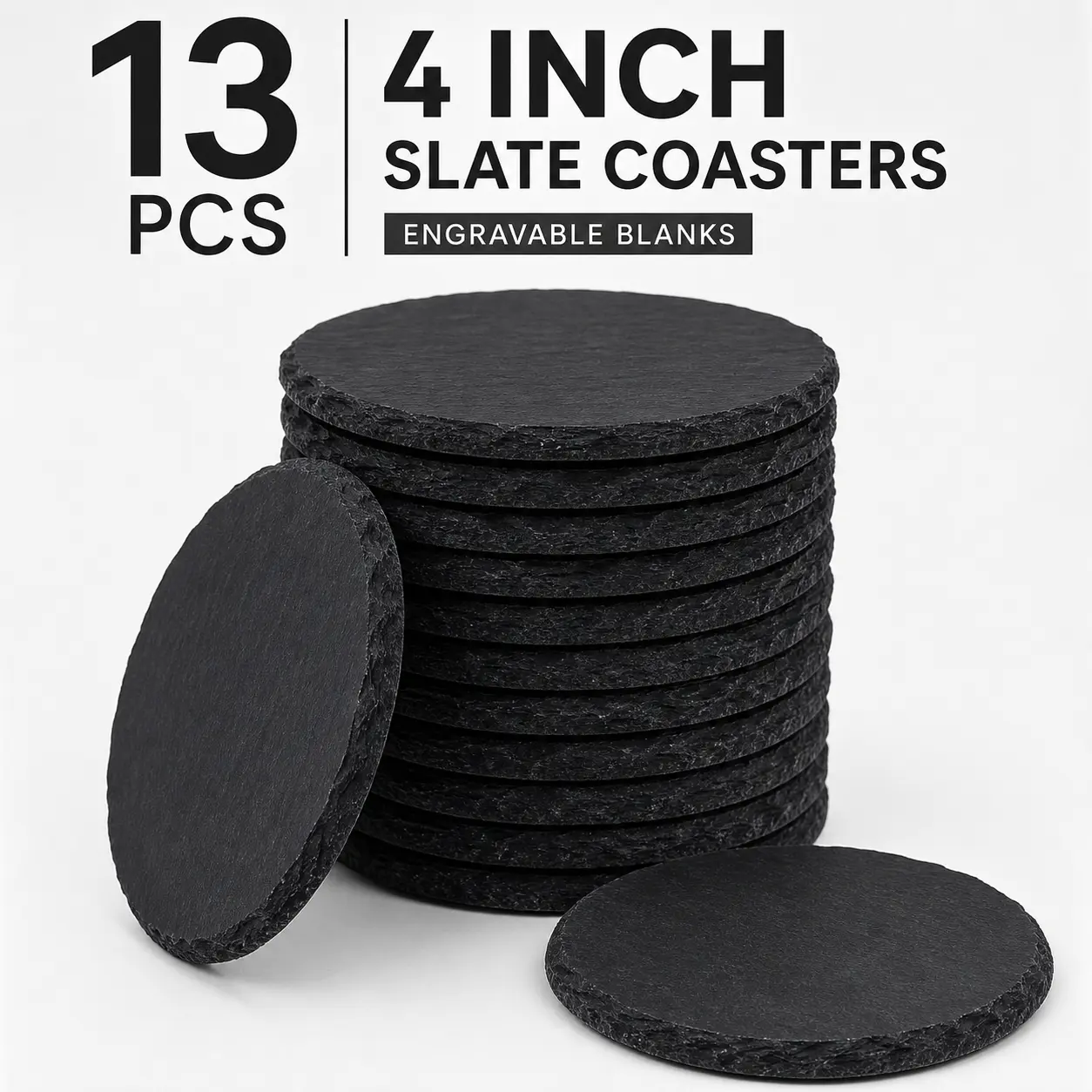 13-Piece 4-Inch Black Round Slate Drink Coasters, Stone Laser Engraving Blanks with Anti-Scratch Bottom for Home Office, Bar, Outdoor Decor and Housewarming Gifts