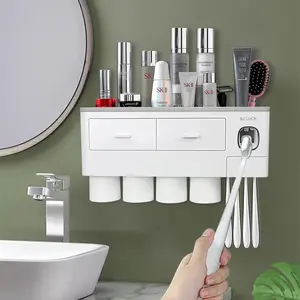 Must-have Bathroom Organizer  Wall Mounted Toothbrush Holder with Toothpaste Dispenser & 2-4 Magnetic Cups Home Goods Organizing
