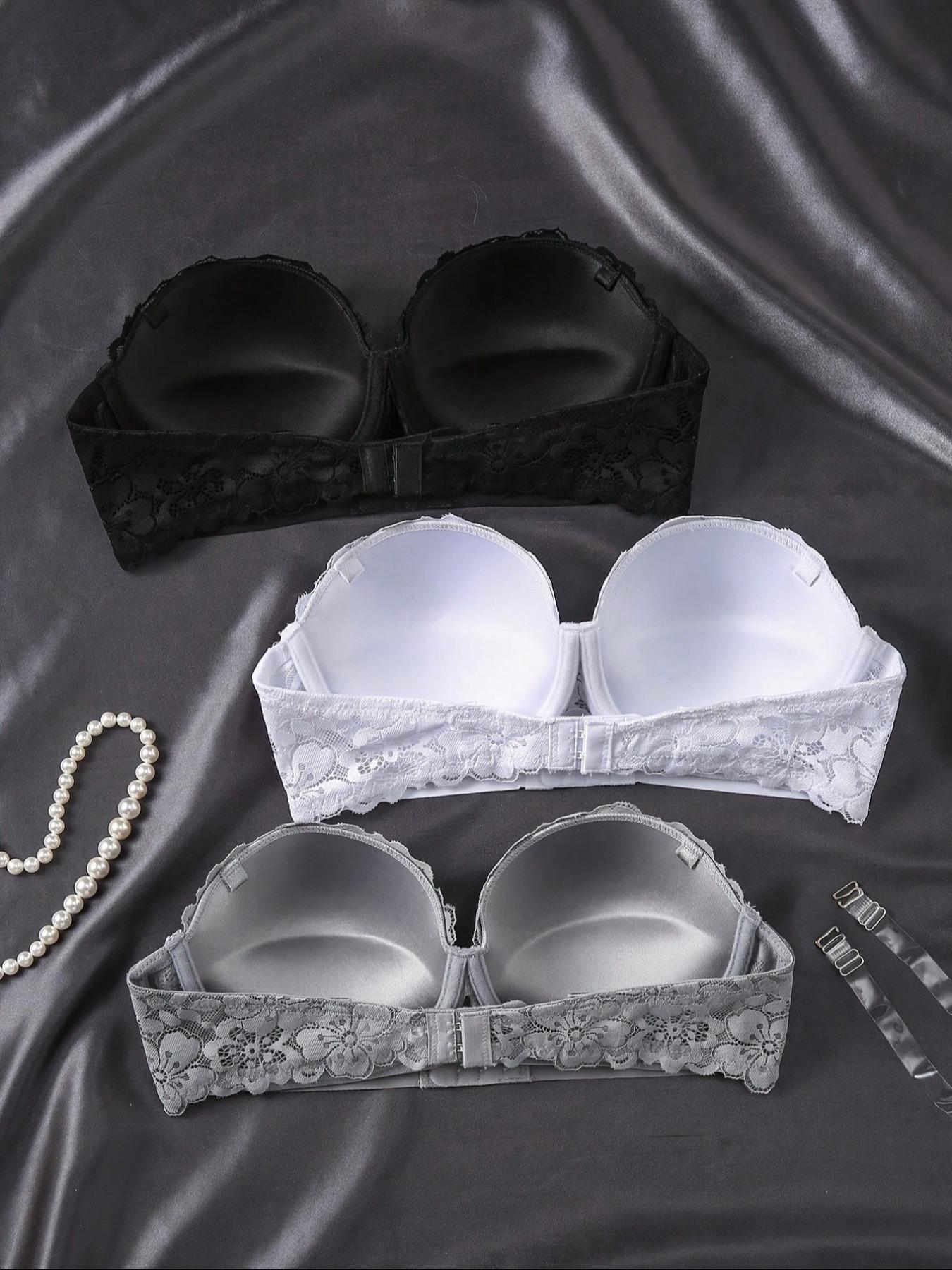 Women's Contrast Floral Lace Push-Up Strapless Bra, New Style Sexy Invisible Front-Buckle Bra, Women's Lingerie for All Seasons