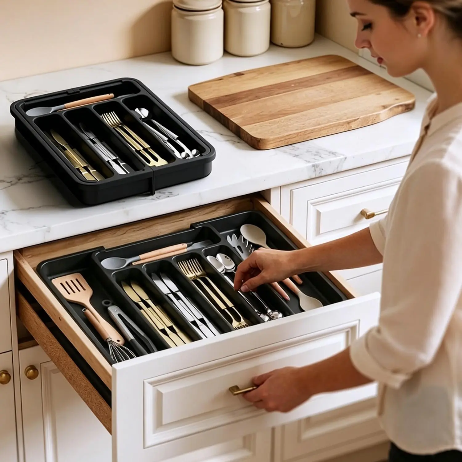 9-Compartment Silverware Organizer Expandable Kitchen Utensil Drawer Organizer for Forks Knives, Large Cutlery Organizer & Storage Tray for Spoons