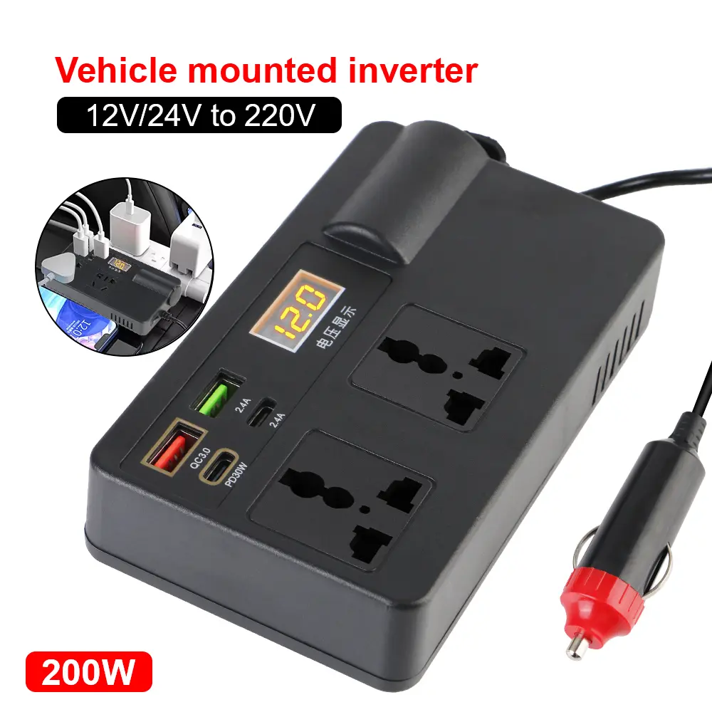 200W Cigar Lighter Adapter Inverter Car Power Adapter Converter DC 12V 24V to 220V 7 Ports PD Type-C USB Chargers AC Socket
