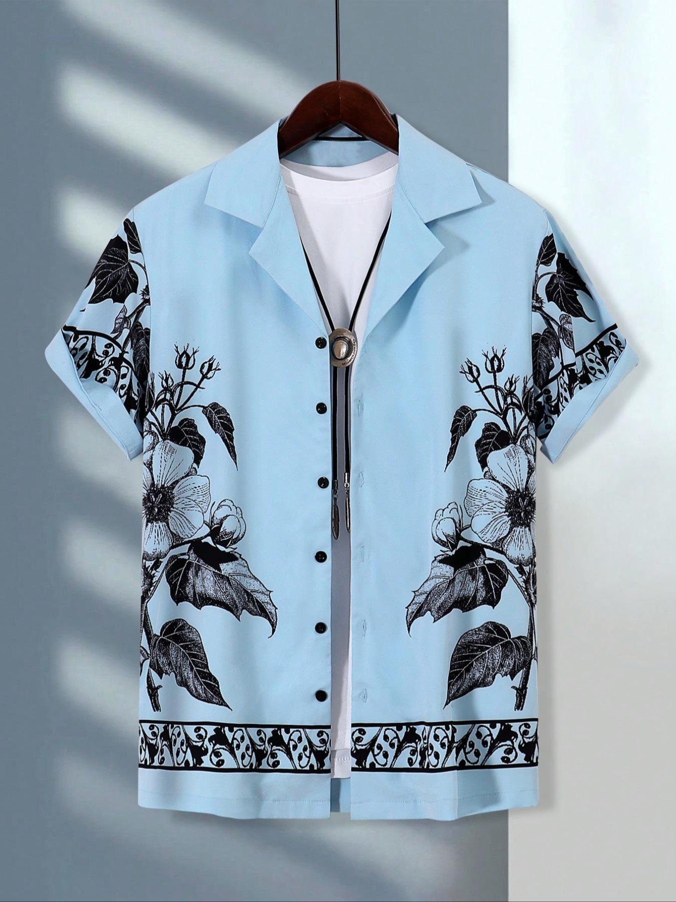 Men's Floral Print Short Sleeve Shirt, Casual Style Shirt, Regular Fit Casual Button Front Collared Top for Summer, Men's Clothes for Beach Vacation, Menswear, Casual Stylish Menswear