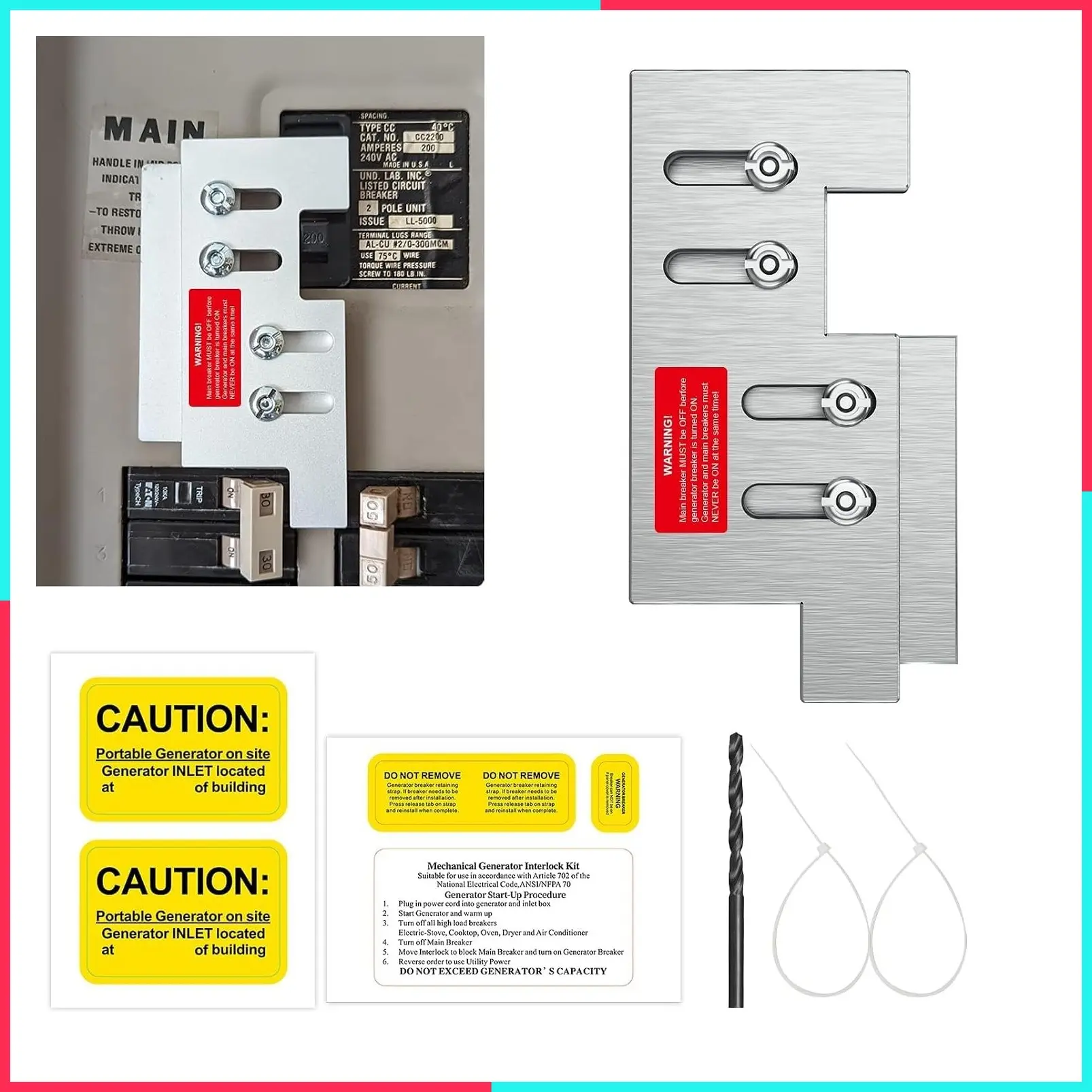 Generator Interlock Kit for Eaton Cutler Hammer CH Series CH5 150/200 Amp, 2 1/4" Main to GEN Breaker Spacing