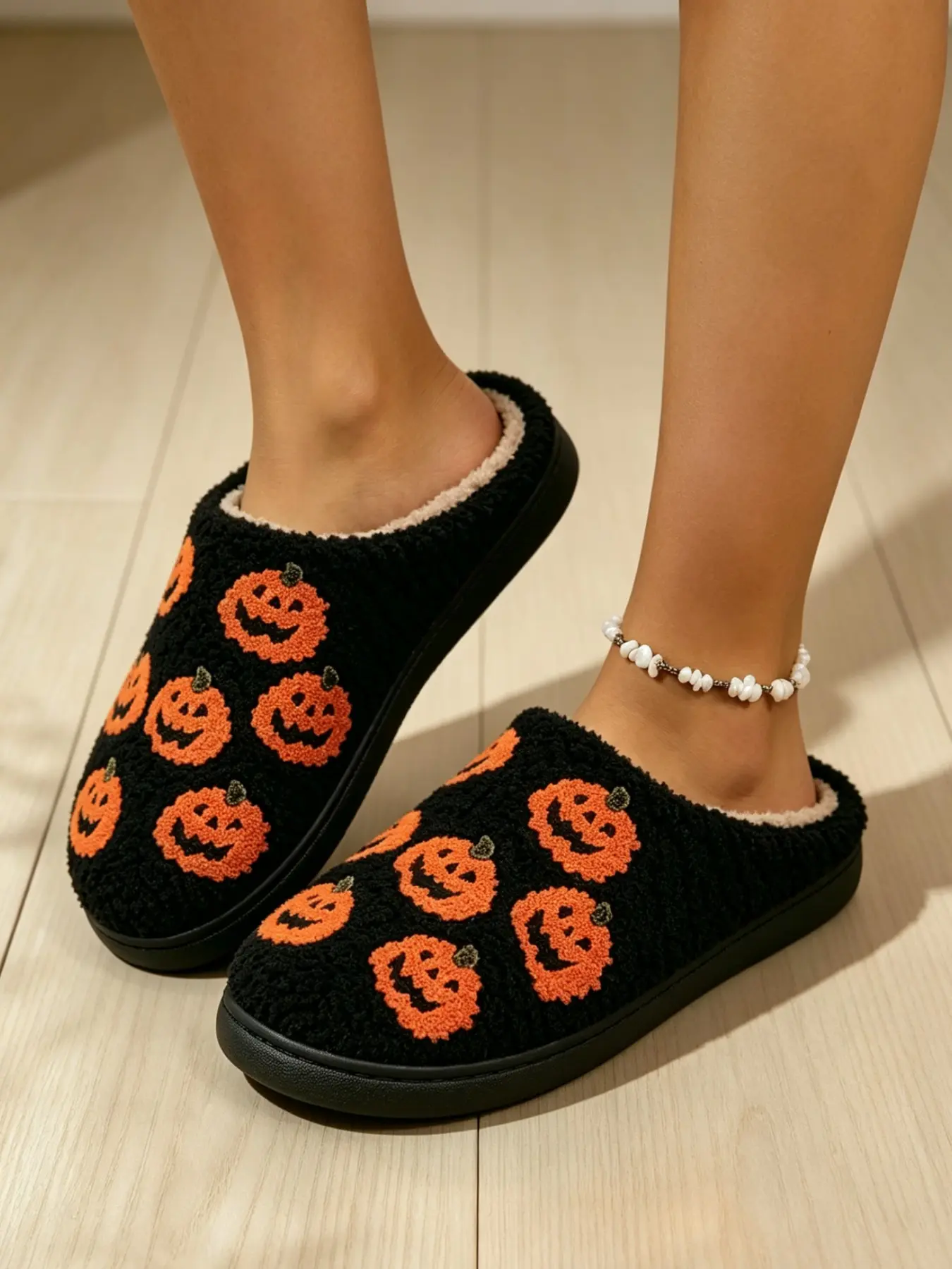 Women's Cute Smiley Pumpkin Pattern Plush Mule Slip On Slippers Footwear, Comfortable Fluffy Lining, Silent Shock Absorbing Sole, Halloween Home Wear
