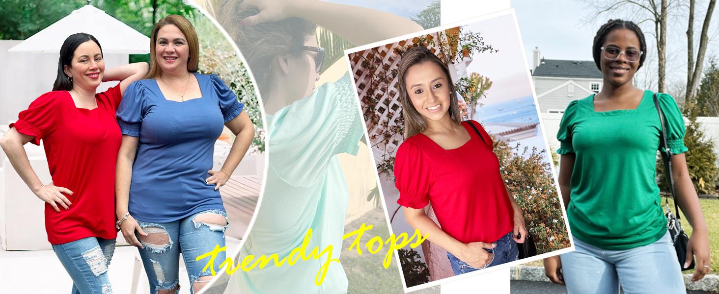 WIHOLL Tops for Women Summer Casual Ruffle Trim Sleeve Square Neck T Shirts