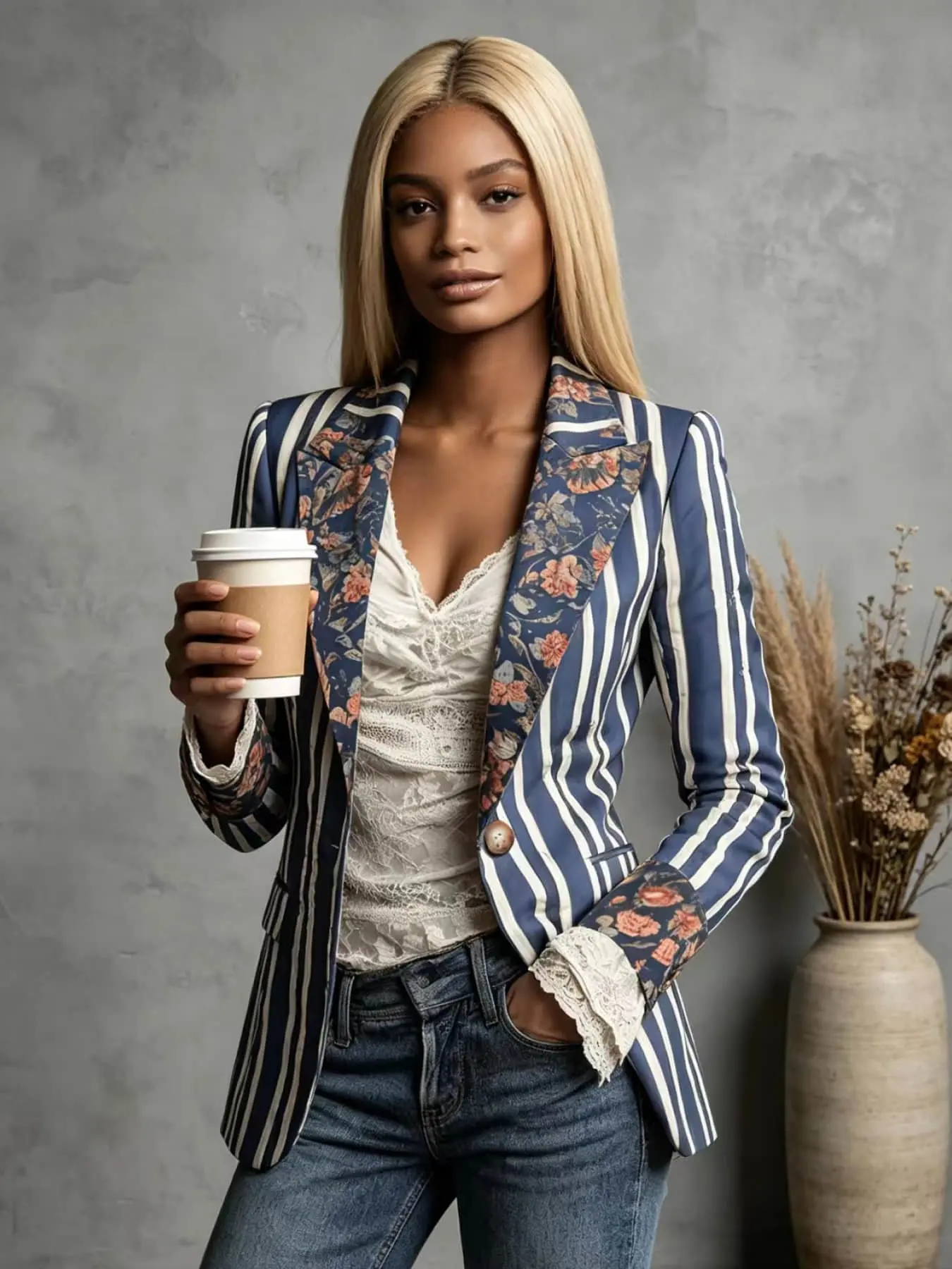 A fashionable women's French retro floral lapel, waist cinching, contrasting striped, long sleeve suit style casual suit jacket, suitable for summer, city travel, cocktail parties, art exhibitions and viewing