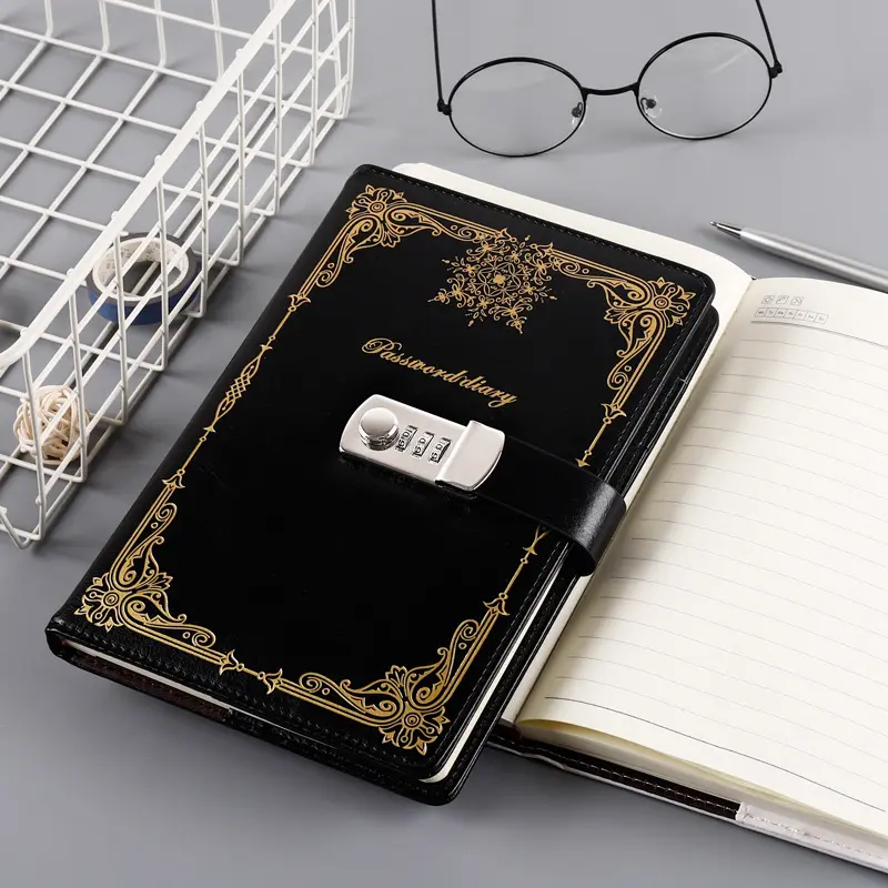 A5 Password Notebook with Lock & Pen -  Vintage Leather Journal, Gold Pattern, Gift Box, Business Notebook, Writing Notebook, Journaling Notebooks - For Office, School, or Personal Diary