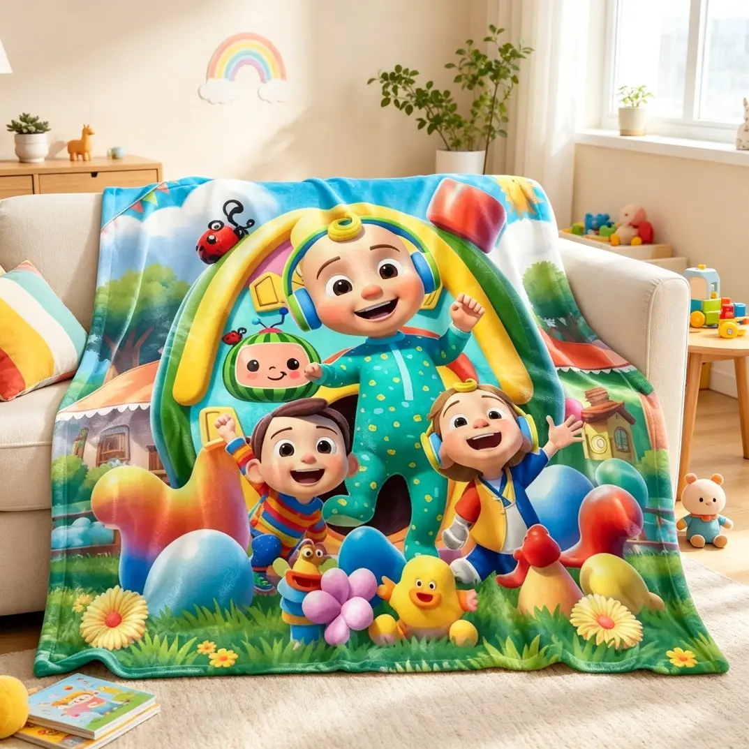 Cocomelon Colorful Cartoon Blanket, Cute Character Learning Style Flannel Throw Blanket, Soft Cozy Warm Plush Fleece Blanket for Kids & Adults, Lightweight All Season Blanket for Bed Sofa Couch Bedroom Decor, Cartoon Fan Gift