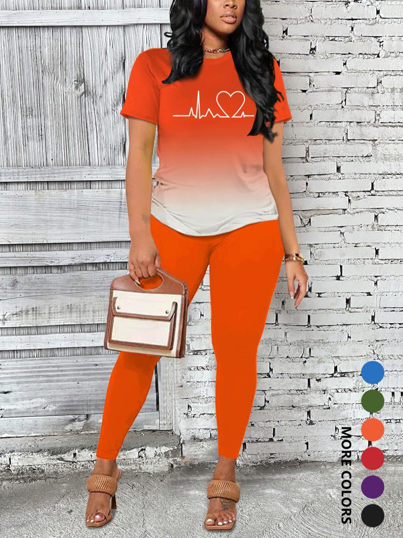 Women's Ombre Gradient Letter Print Short Sleeve Tee & Leggings Set, Casual Round Neck Fitted T-Shirt & Skinny Pants For Daily Wear, Ladies Two-Piece Outfits For All Seasons