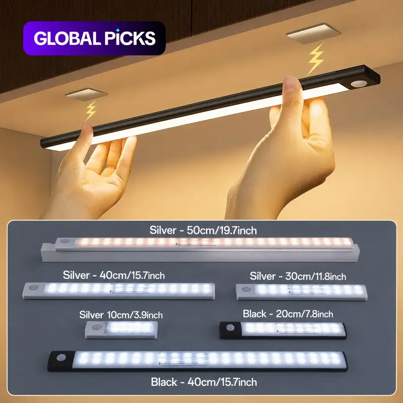 Motion-Sensor LED Light, USB Rechargeable Dimmable Night Light, Automatic Closet Light, Cabinet Lights for Under Cabinets, Wardrobes, Kitchens, Bedrooms, Hallways, Stairways, and Closets #GLOBAL PICKS