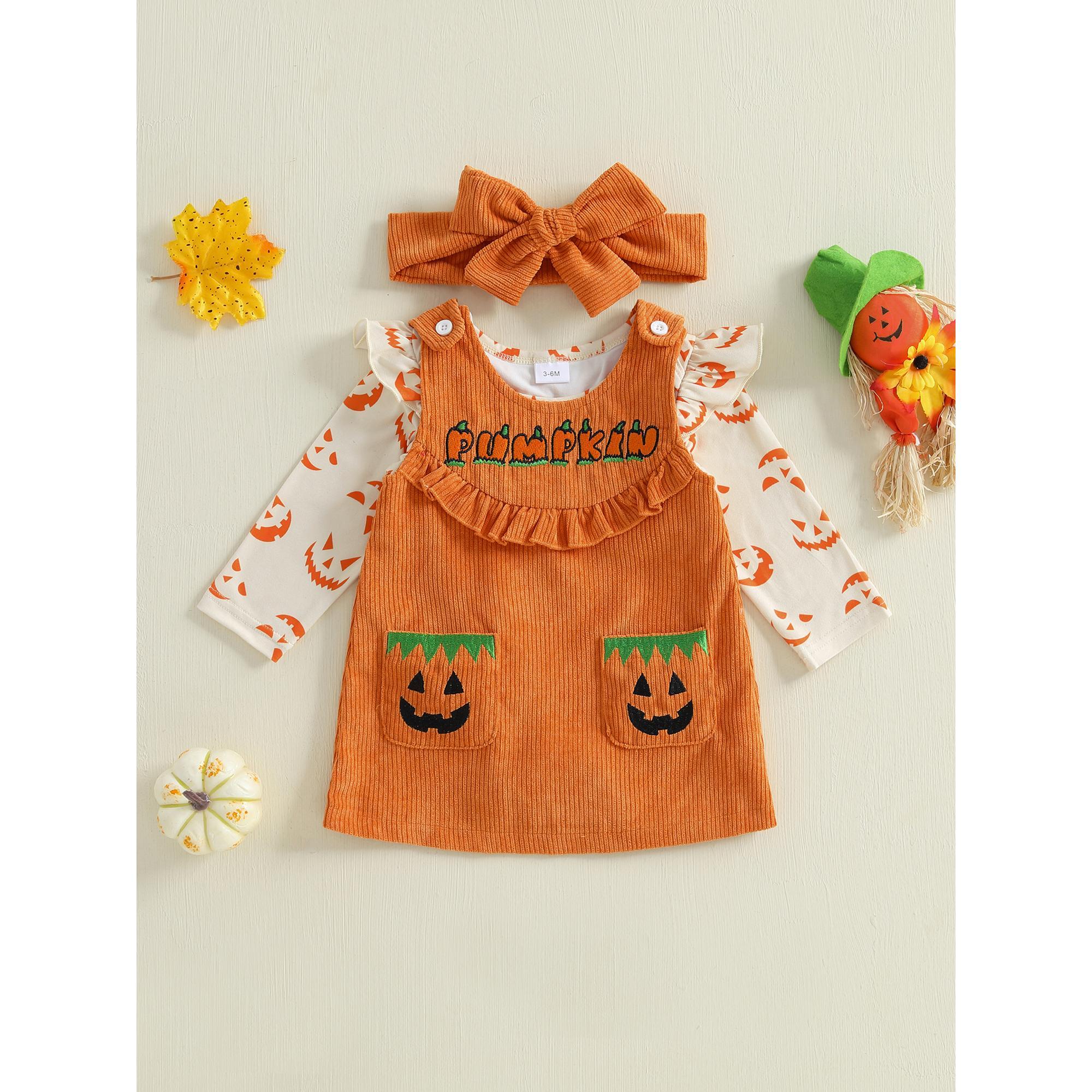 Baby Girls Clothes Set Long Sleeve Halloween Pumpkin Face Print Romper with Letter Embroidery Dress and Headband 3Pcs Outfit