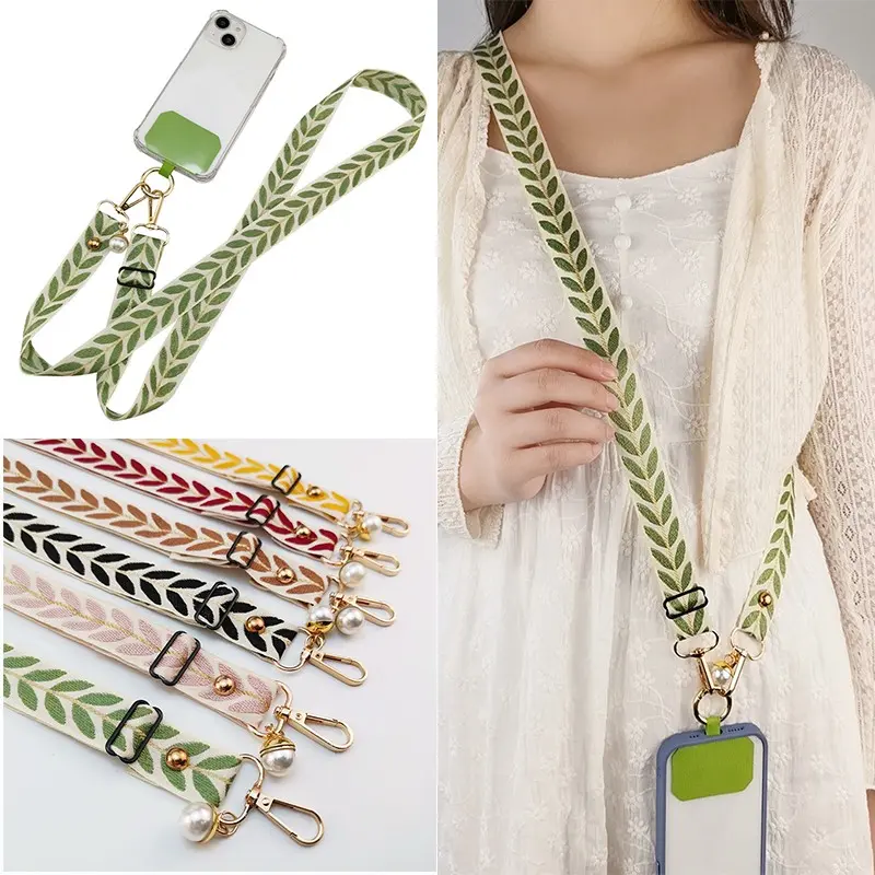 Patterned Phone Lanyard with Clasp and Pearl Decoration, Adjustable Crossbody Strap with Phone Pad, Universal Fit, Women's Fashion Accessory