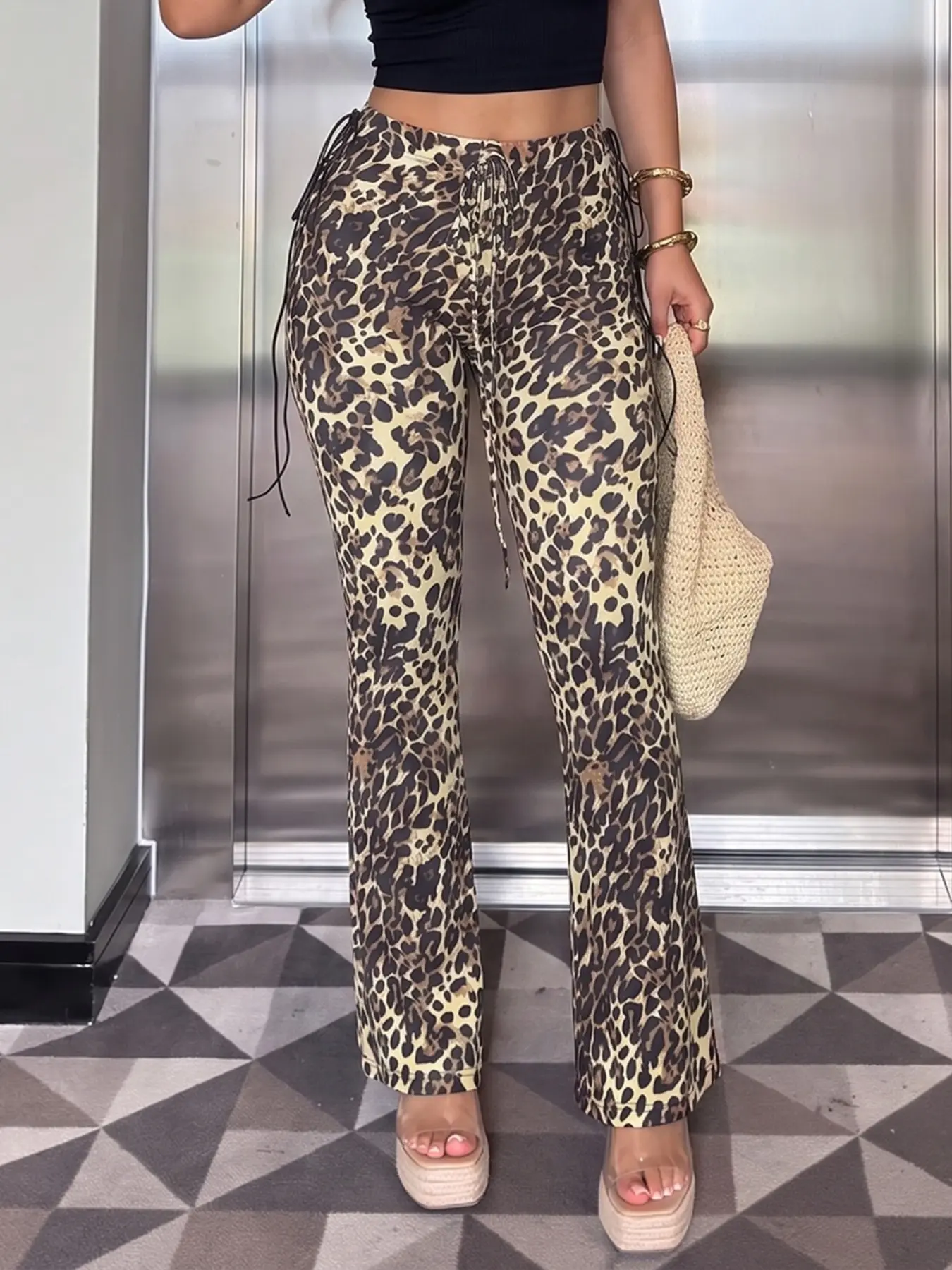 New 2026 Women's Fashion Leopard Print High-Waisted Tie Waist Pants, Sexy Slim Fit Micro Flare Wide Leg Jeans, Trendy European and American Style