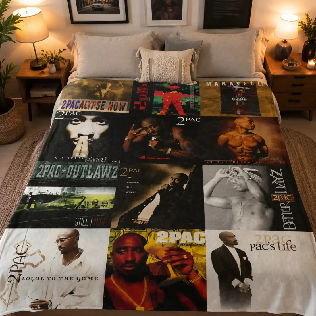 2Pac Tupac Shakur Album Cover Collage Flannel Throw Blanket - Vintage 90s Hip Hop Rap Legend Custom Graphic Character Blanket, Cozy Soft Plush for Couch Decor, Perfect Gift for 2Pac Fans 2026, Custom Blanket, Graphic Character Blankets