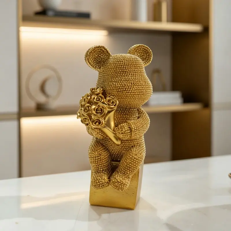 Sparkling Beaded Bear Statue Handcrafted Resin Figurine with Flower Bouquet, Modern Home Decor for Desk Entryway Shelf, Unique Housewarming Gift and Festive Collectible Centerpiece,Gold
