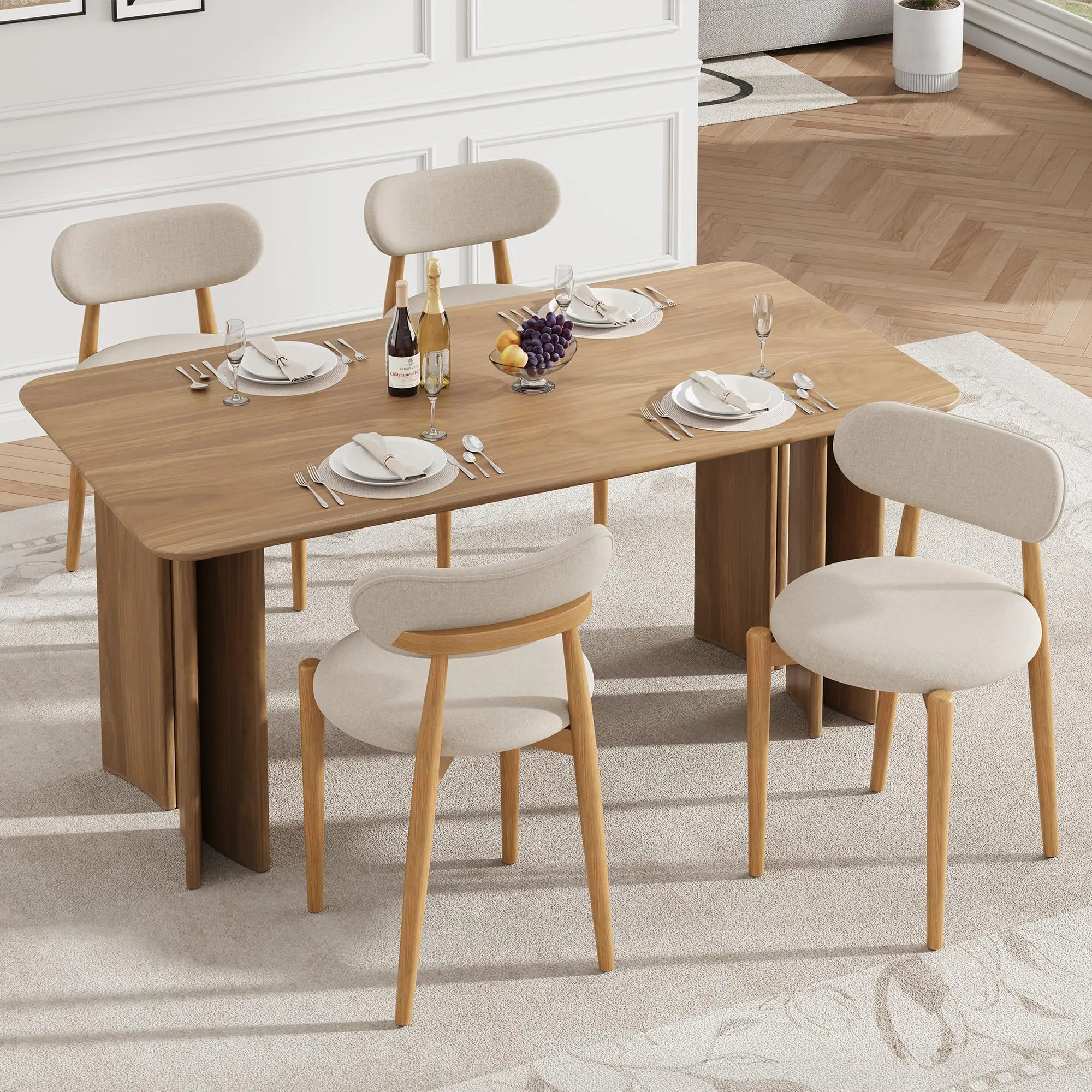 Set of 2 Modern Wooden Dining Chairs – Creamy White Upholstered Seats – Sturdy Wood Legs – Farmhouse Style for Dining Room or Vanity – Classic Creamy White/Walnut Finish