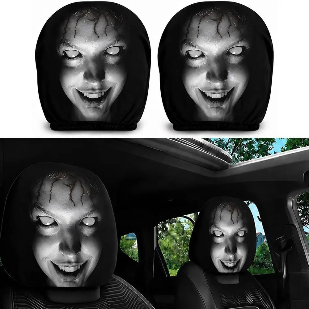 2 Pcs Ghost Face Headrest Covers, Scary Face Printing Auto Seat Universal Elastic Models Headrest Protector  Cover Funny Decoration for Car Interior Vehicle Truck SUV