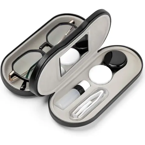 Polyurethane (PU) Leather 2-in-1 Unisex Eyeglasses & Contact Lens Case, Double-Sided Design with Built-in Mirror, Tweezers & Flocked Fabric Kit, Portable and Convenient Eyeglass Accessories for Travel/Outdoor Use