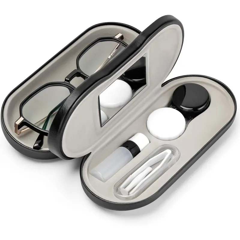 Polyurethane (PU) Leather 2-in-1 Unisex Eyeglasses & Contact Lens Case, Double-Sided Design with Built-in Mirror, Tweezers & Flocked Fabric Kit, Portable and Convenient Eyeglass Accessories for Travel/Outdoor Use