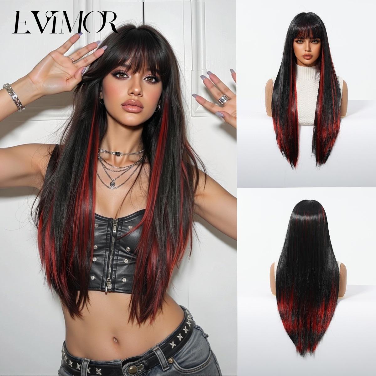Latest Gray Ombre Straight Hair Wig with Front Fringe High Temperature Synthetic Fiber Easy to Put On Glueless Ventilated European and American Fashion Hair Topper