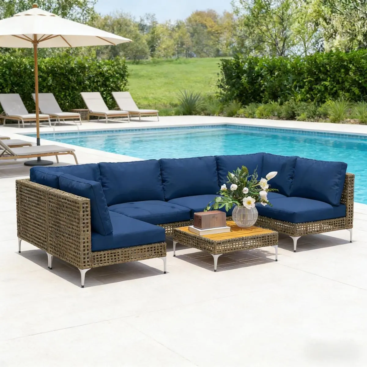 Aobtkel 7-Piece Modular Wicker Outdoor Sectional Furniture Set, Durable Conversation Set with Corner Pieces, Removable Cushions, 7 Seats, Slatted Top, Requires Assembly