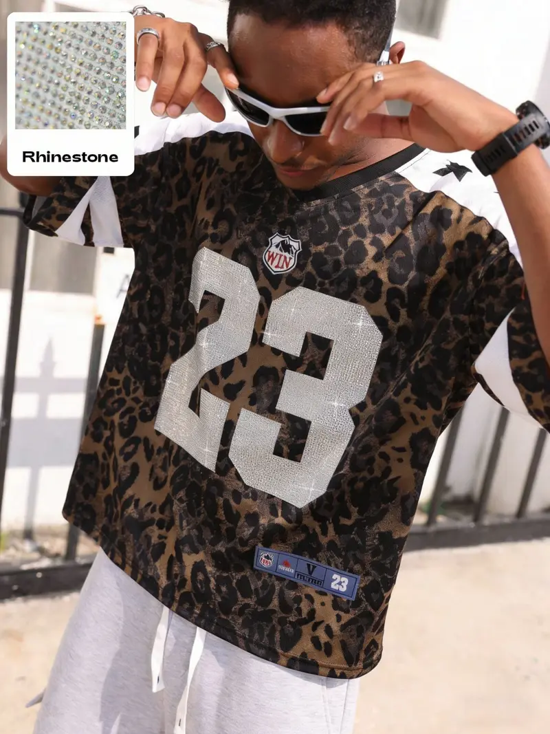 Men's Rhinestone-Embellished Leopard Print Football Jersey, Vintage Bling Style With 23 & VICTORY Logo, For Game Day And Street Fashion