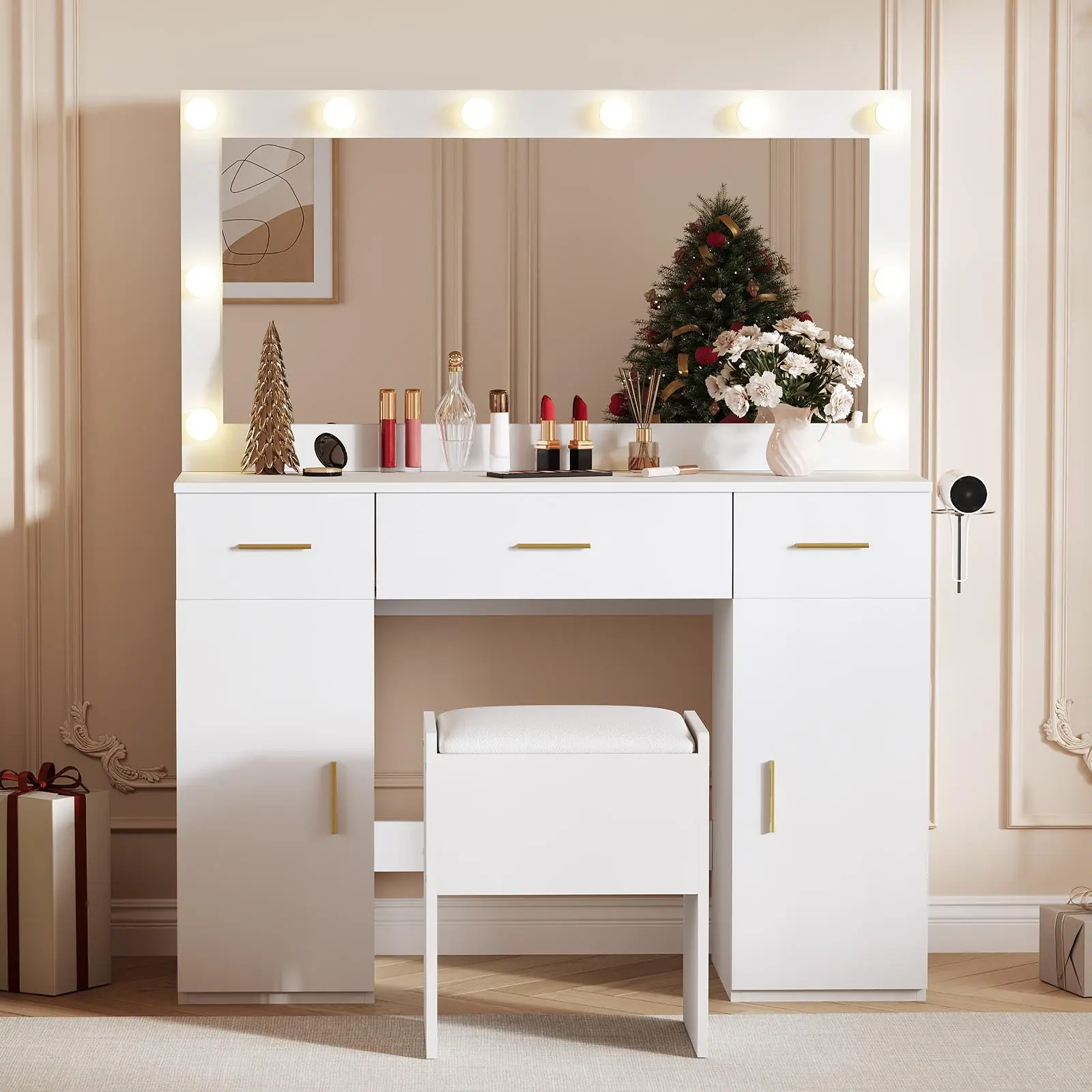 Modern Vanity Table Set with Large Mirror & Adjustable LED Lights – 3 Drawers, 2 Cabinets, Built-in Power Outlets, Hair Dryer Holder, Hidden Storage Stool – Makeup Desk for Bedroom or Dressing Room