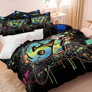 2/3Pcs Cool Graffiti Game Controller Duvet Cover Set, Neon Paint Splatter 67 Comforter Cover, Gaming Theme Bedding Set with Pillowcases, No Filler, Perfect for Boys Teens Gamers Bedroom Game Room Decor