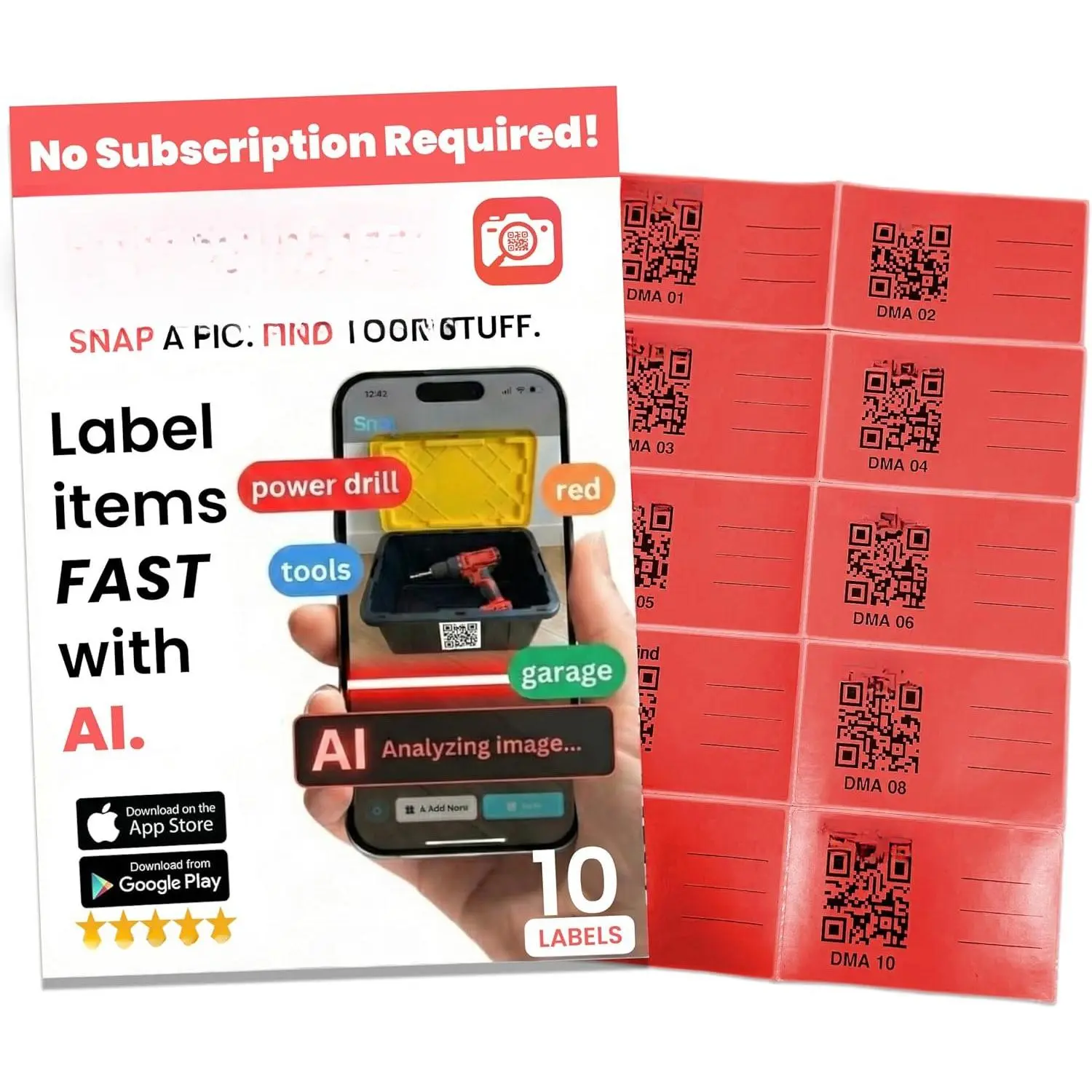 QR Code Labels - AI Auto-Labeling, No Typing! Storage Bins & Moving Containers - iOS and Android App - 10  Stickers (3" x 5") (Red)