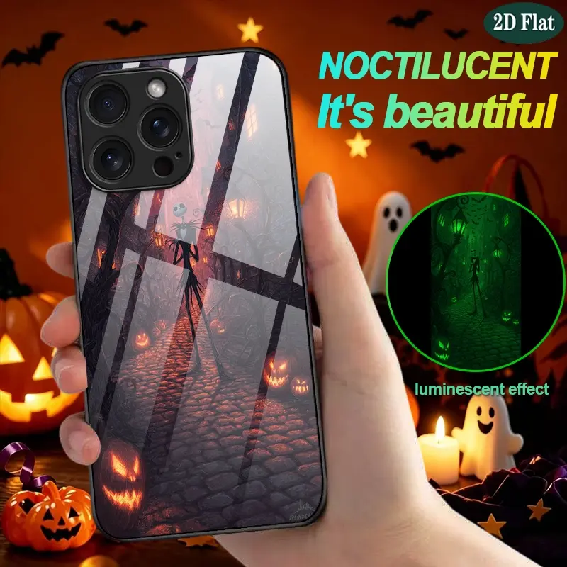 2D Flat Halloween Night Skeleton Luminous Glass Phone Case Naturally Emitting Green Light Shockproof Protective Case for iPhone 17 Pro Max/16 Pro Max/15/14/16 /13/Plus/12/Mini/11/XR/XS/SE 2020/8/7 Anti-Drop Case