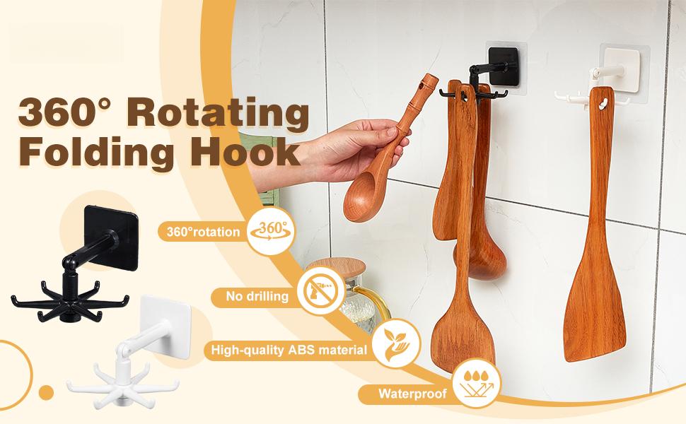 4 Pieces 360 Rotating Folding Hook Multi-purpose Hanging Utensil Holder Hook 180 Degrees Vertical Flip Self-Adhesive Hook Utensil Rack with 6 Hooks for Kitchen Bathroom Cabinet Towel (Black, White)
