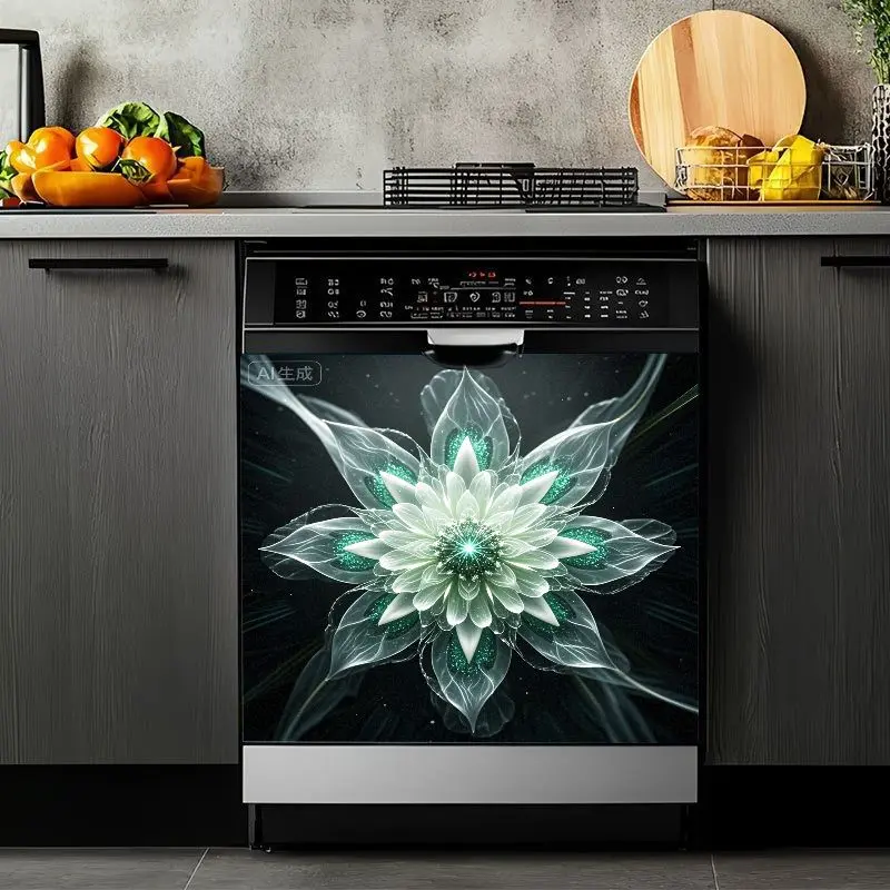 2D Flat 2Pcs Dishwasher Sticker Decal Glowing Mandala Flower Pattern Vinyl Removable Self-Adhesive Kitchen Appliance Decoration Waterproof Easy Clean Modern Home Decor Refrigerator Cover Elegant Lotus Design Washing Machine Front