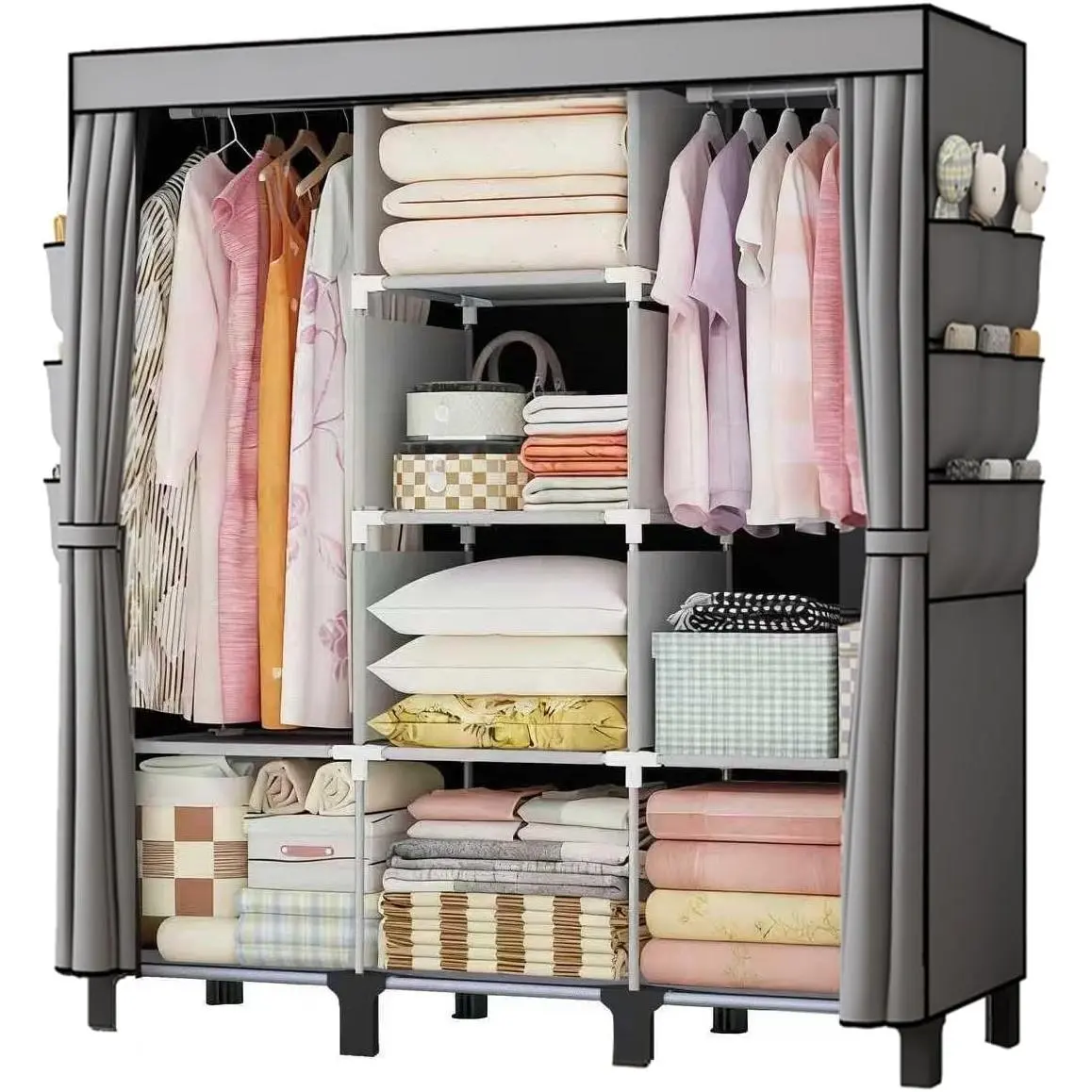Portable Wardrobe, Easy Hanging Closet 6 Side Pockets Large Capacity Clothes Organizer Comes with 2 Hanging Poles and Shelves, Width 130cm, Depth 45cm, Height 172cm (Grey)