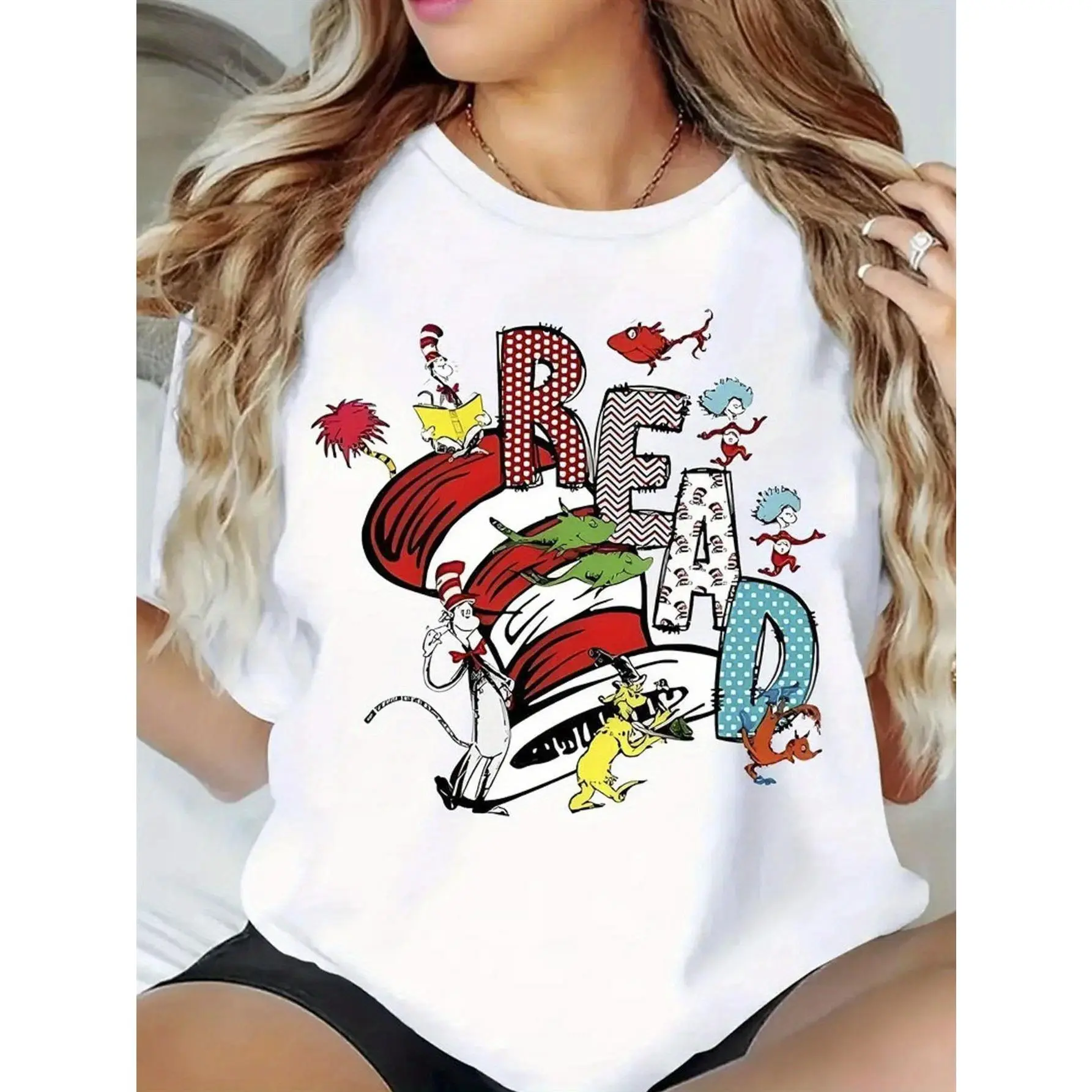 Women's Book-Themed T-Shirt - Lightweight Breathable Teacher & Librarian Outfit - White Casual Top with Reading Design - Easter/Mother's Day Gift for Educators, Librarians & Book Lovers - Fun for - Wear Suitable for Teachers, Bookworms, Librarians