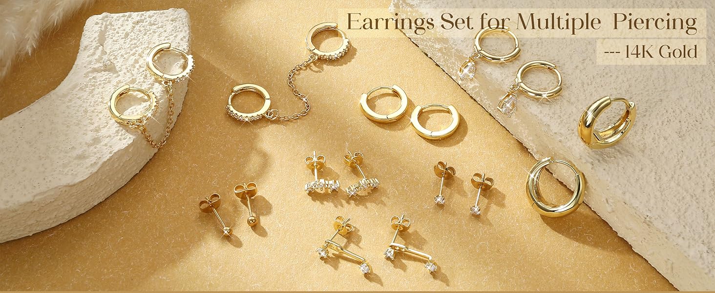 LOLIAS Gold Hoop Stud Earring Stacks for Women - 14K Gold Plated Chain Cartilage Earrings Cute Hypoallergenic Silver Huggie Earrings Sets for Multiple Piercing Jewelry Lightweight 8Pairs