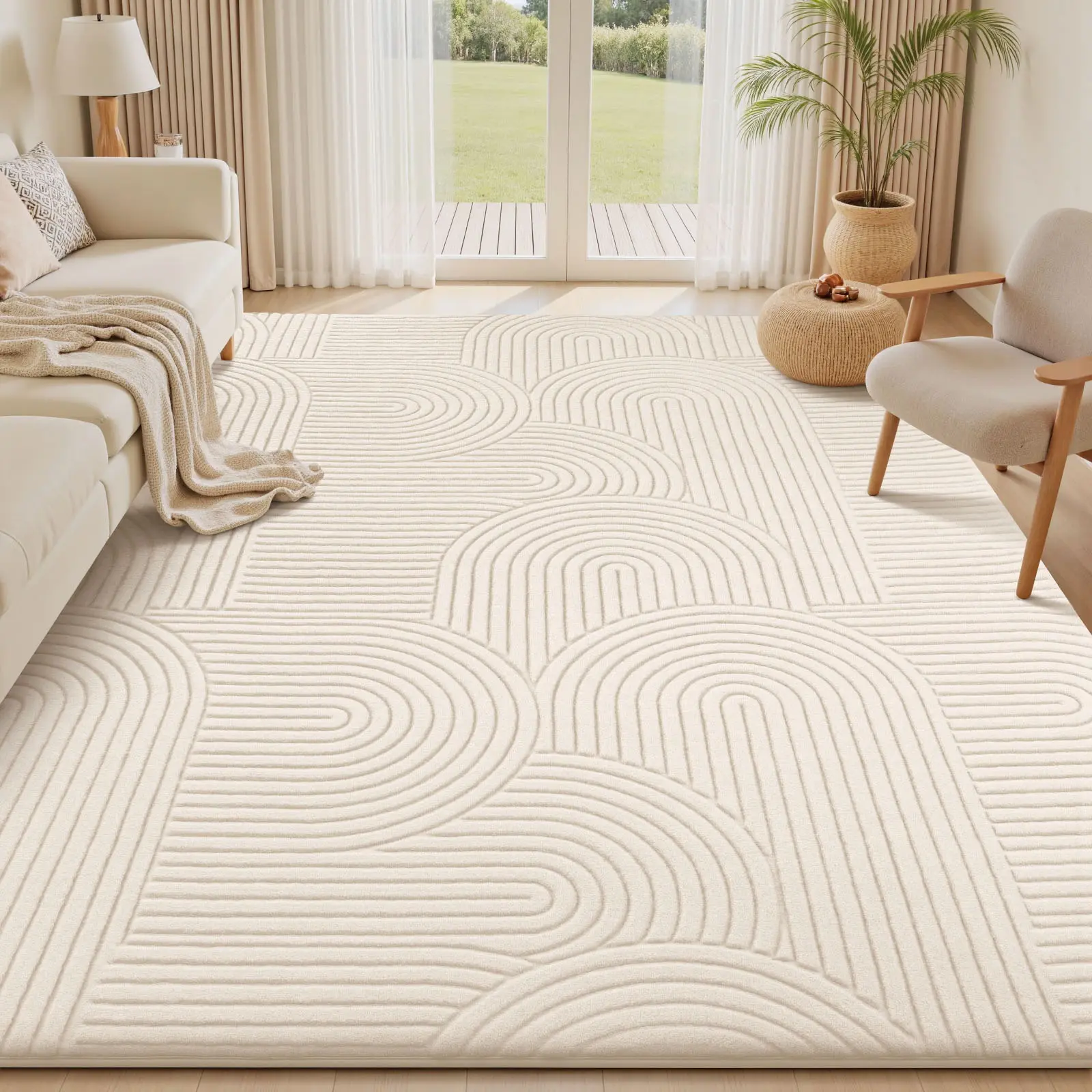FAMVAL Large Size Soft Non-Slip Area Rug for Living Room Bedroom Nursery Dorm Kids Room Apartment, Modern Curved Line Jacquard Pattern, Pet and Kids Friendly
