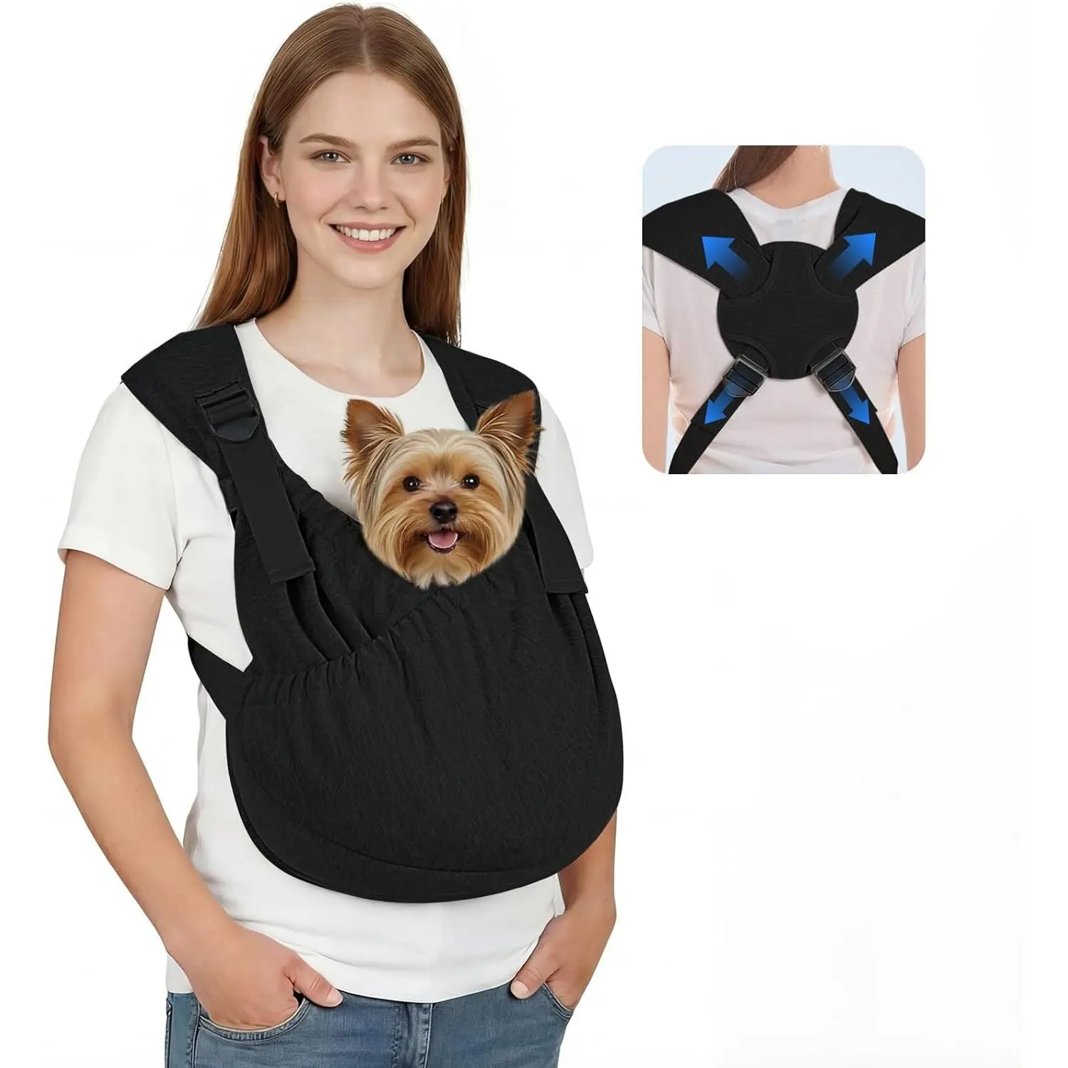 Dog Sling Carrier, Hands Free Adjustable Puppy Pouch Carrier, Soft Wearable Pet Front Bag for Dachshund & Teacup Dogs, Anti-Anxiety Chest Carrier with Back Pain Relief (Black, Regular)