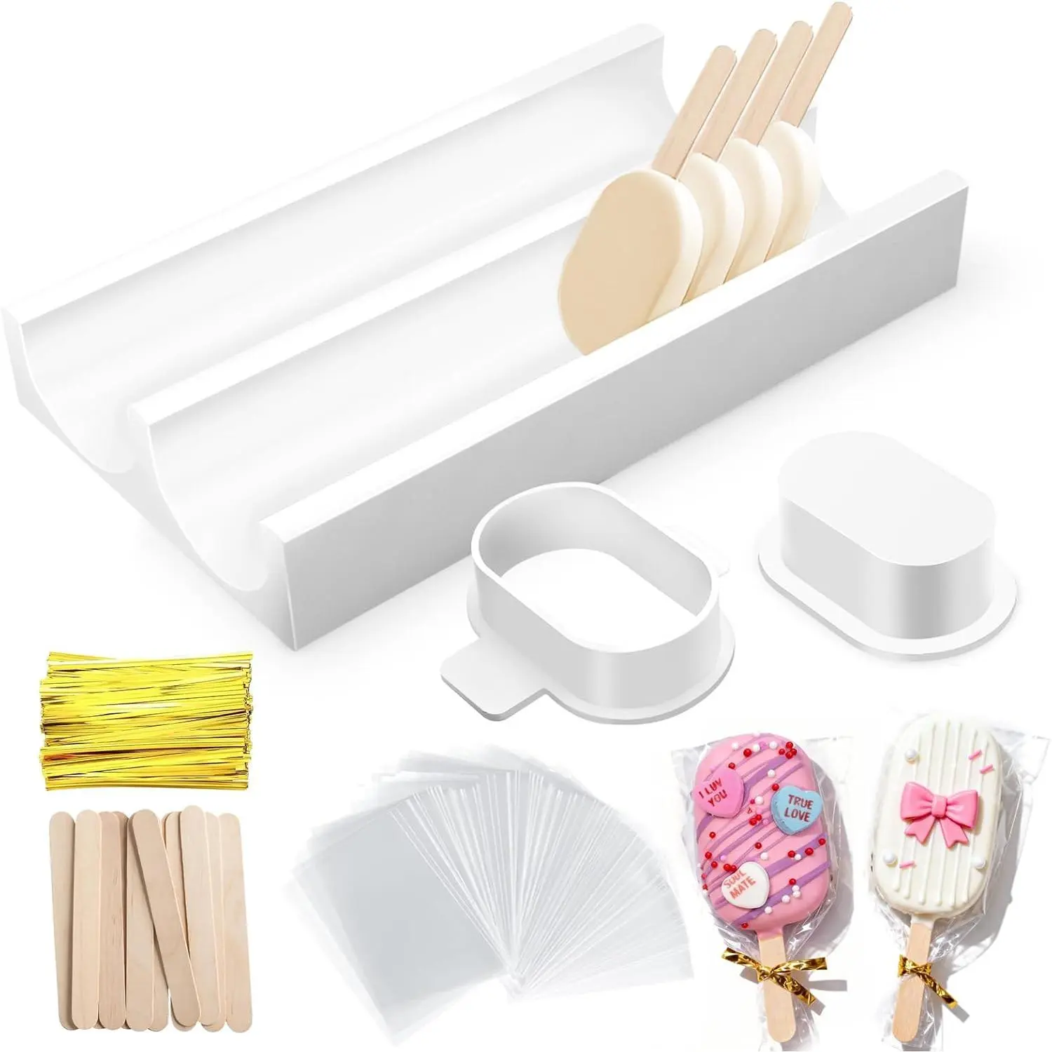 3 Inch Cakesicle Cutter Set, Cake Pop Mold with 8.7in Tray, Includes 100 Wooden Sticks & 100 Packaging Bags with Ties, Baking Molds for Home Birthday Parties