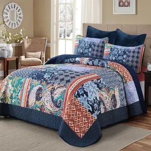 DJY Navy Patchwork Set Queen Size Blue Bedspread Boho Paisley Floral Pattern Bedding Set, 3 Pieces Blue Bohemian Soft Lightweight Coverlet for All Season 96''x90''