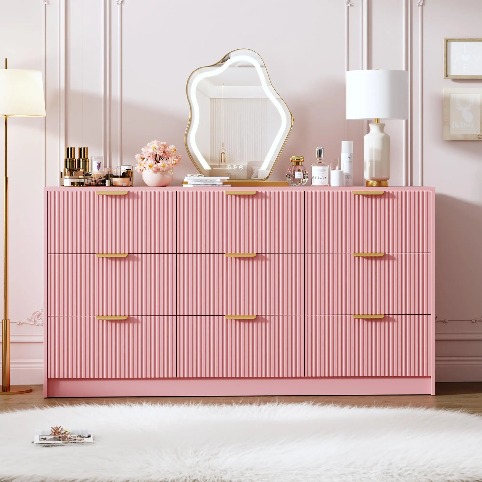 9 Drawers Dresser for Bedroom - 59" Wide Modern Fluted Chest of Drawers with Golden Metal Handles, Large TV Stand Multi-Function Home Organizer for Living Room, Entryway, Hallway,dorm essentials,home decor