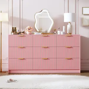 9 Drawers Dresser for Bedroom - 59" Wide Modern Fluted Chest of Drawers with Golden Metal Handles, Large TV Stand Multi-Function Home Organizer for Living Room, Entryway, Hallway