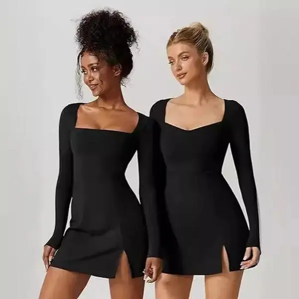 Womens Square Neck Bodice Dress Long Sleeve Side Slit Flare Mini Dresses