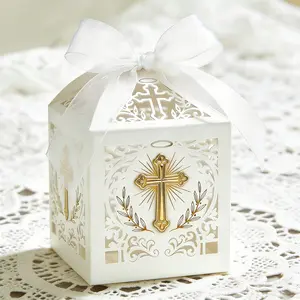 🕊️ Divine Radiant Cross Gift Boxes | Premium White & Gold Die-Cut Treat Holders for Church Weddings & Holy Events ✨ Stunning Party Souvenirs with Satin Bow 🤍