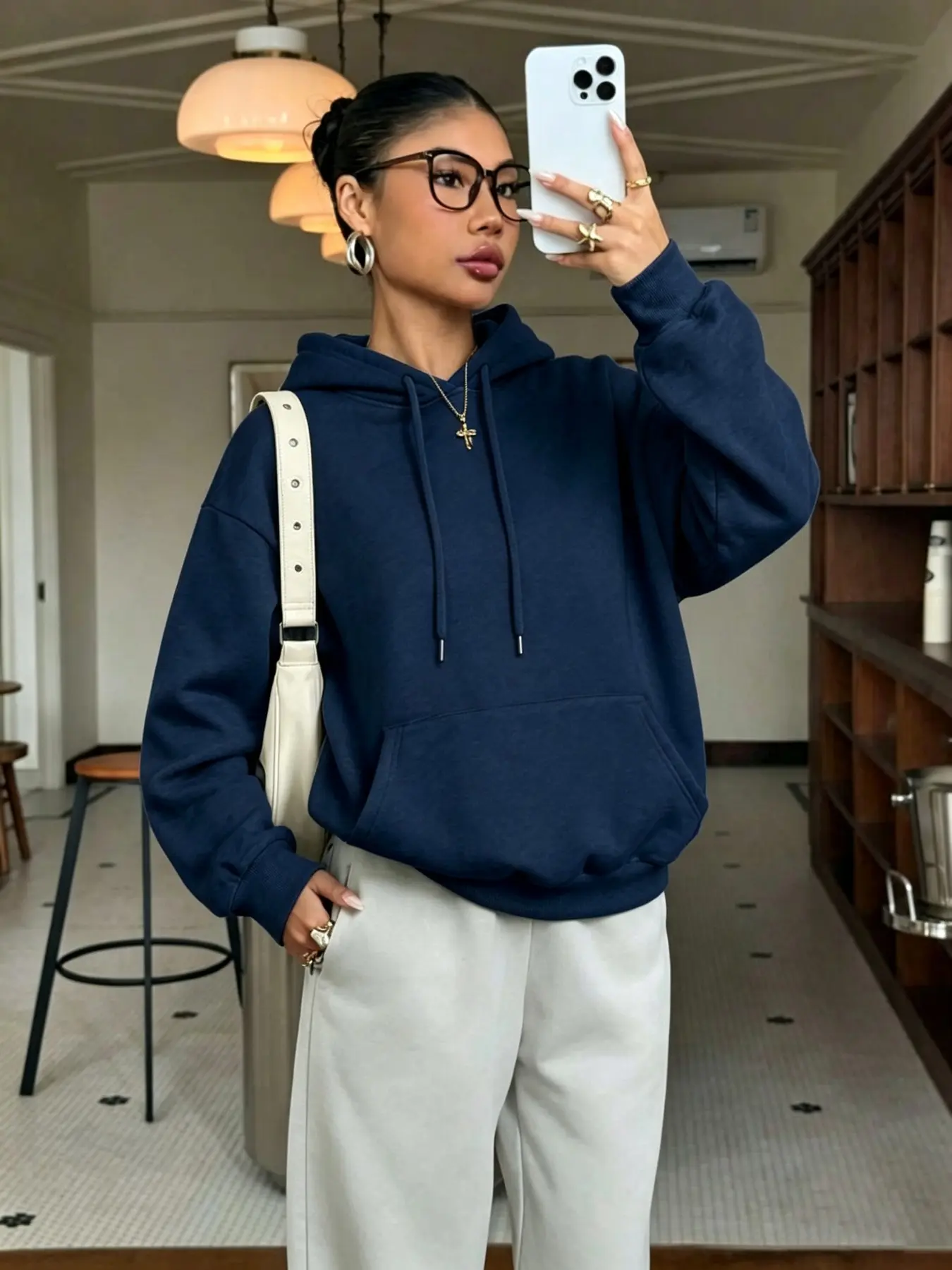 Women's Y2K Minimalist Plain Hoodie, Loose-Fit Drawstring Kangaroo Pocket Sweatshirt, Casual Street Style, Fall & Winter Fashion
