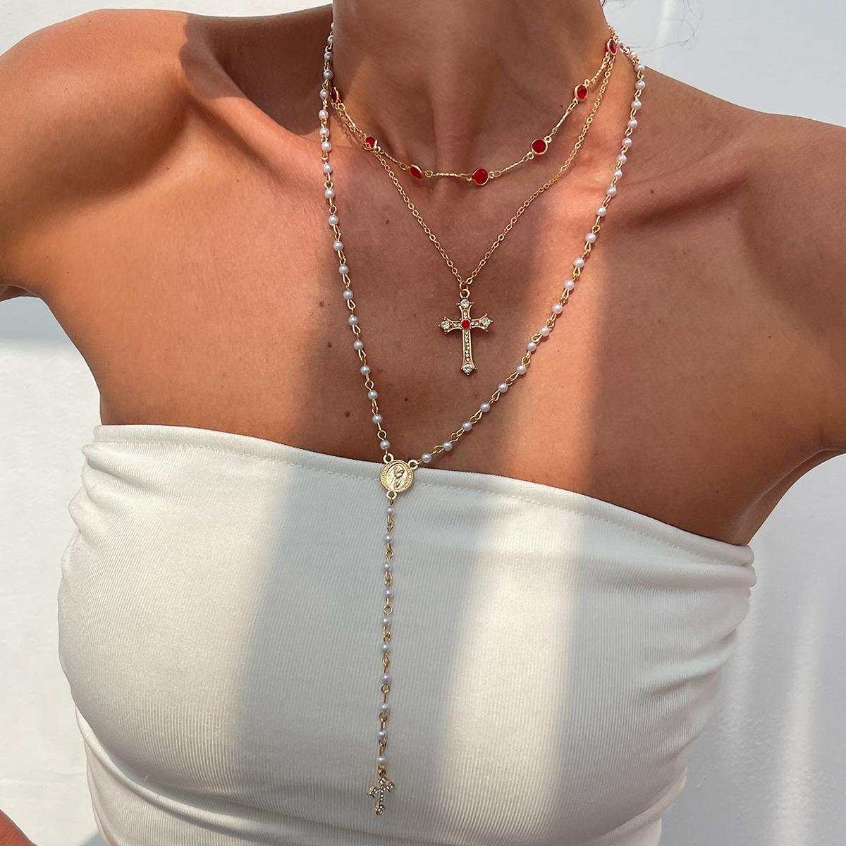 3Pcs Cross Flower Crystal Necklace Set Rhinestone Inlay Layered Chain Dainty Trendy Stackable Jewelry Copper Plated Fashion Minimalist Cute Accessories for Women Girls Daily Party Dating Casual Street Style Wear