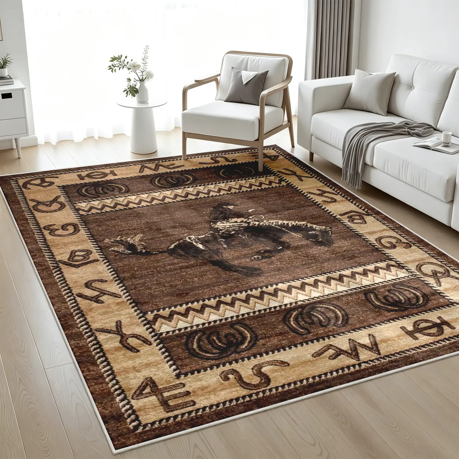 1pc 8x10ft Western Cowboy Area Rug, Beige Base with Horse Rider Silhouette Carpet, Soft, Non-Slip, Machine-Washable Floor Covering, Stain-Resistant, Low-Pile Rug, Aesthetic Decor for Living Room and Bedroom (Various Sizes)