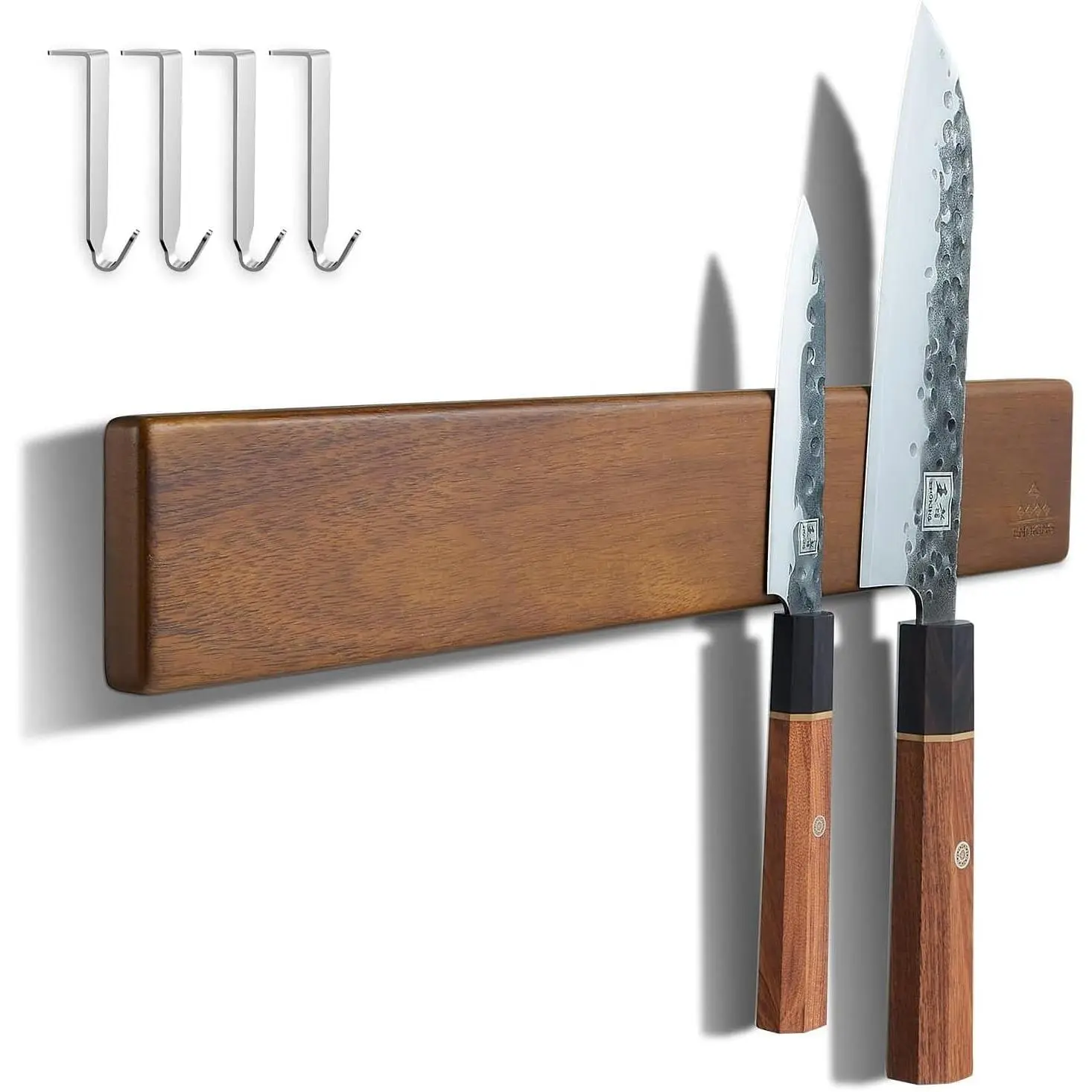 16 Inch Magnetic Knife Holder for Wall - Acacia Wood Knife Strip with Gold-Stamping Magnetic Gift Box - Powerful Knife Bar with 4 Hooks, No Drilling or Screw Mount